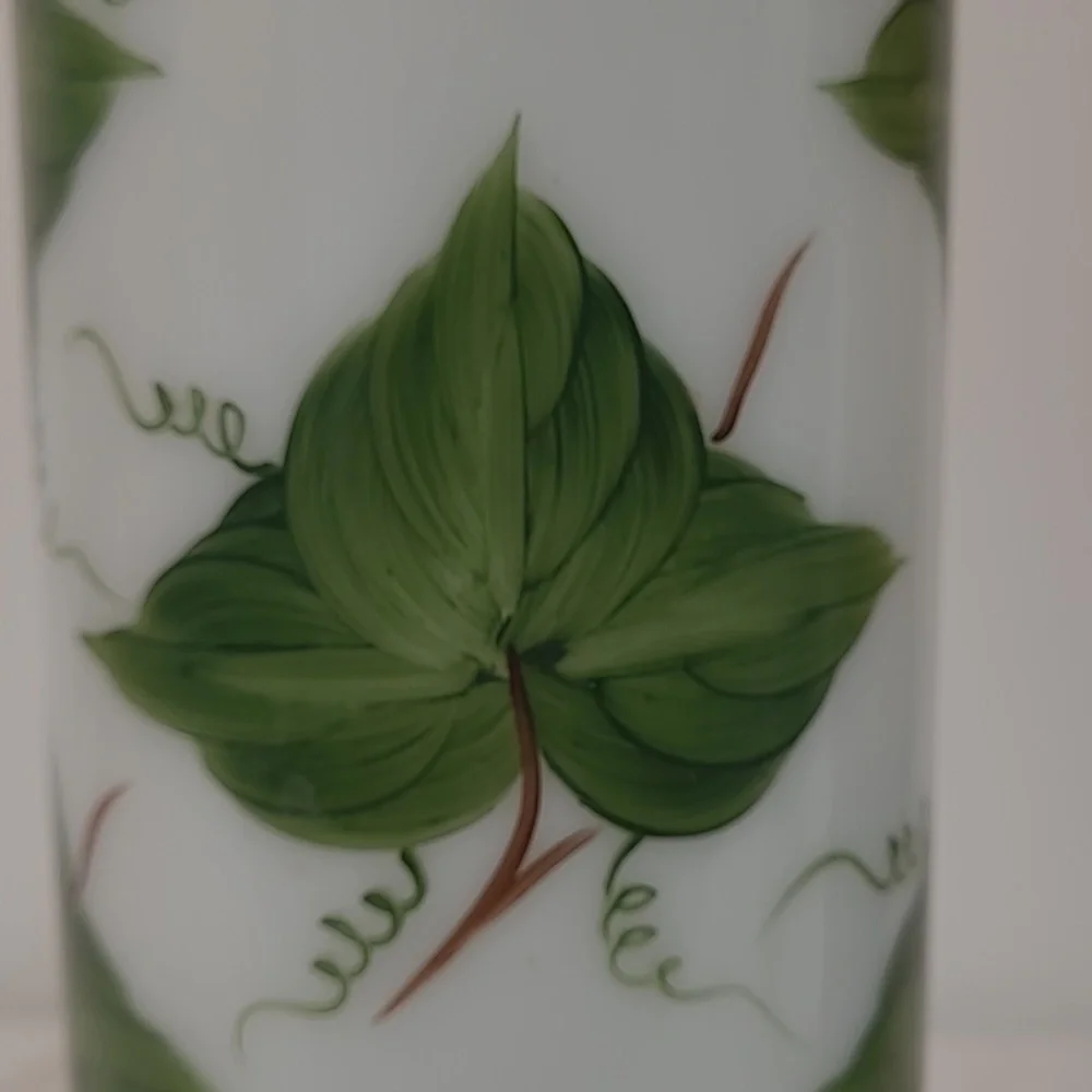 Consolidated MCM Milk Glass Vase with Hand Painted Ivy Leaf Pattern 10
